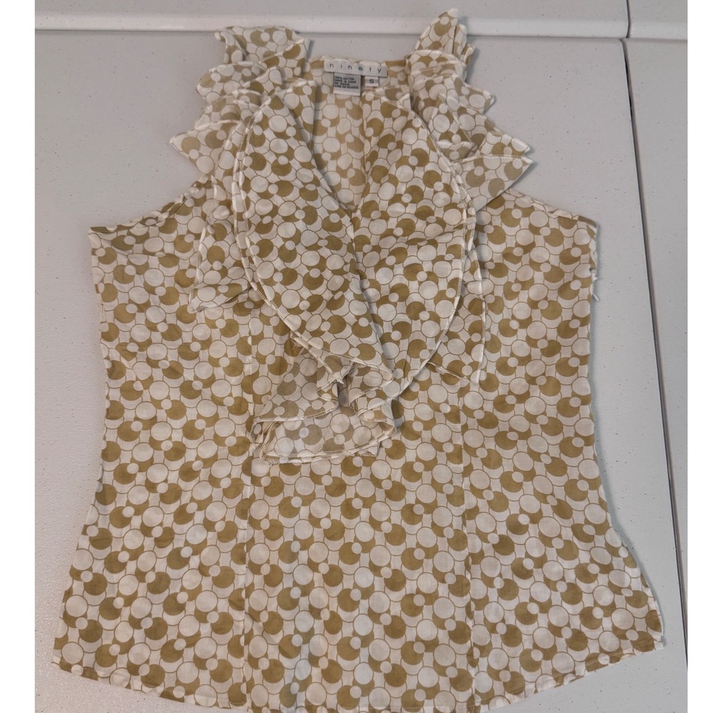 Ninety Sleeveless Ruffle V-Neck Blouse Tan White Geometric Circle Print Small ff
